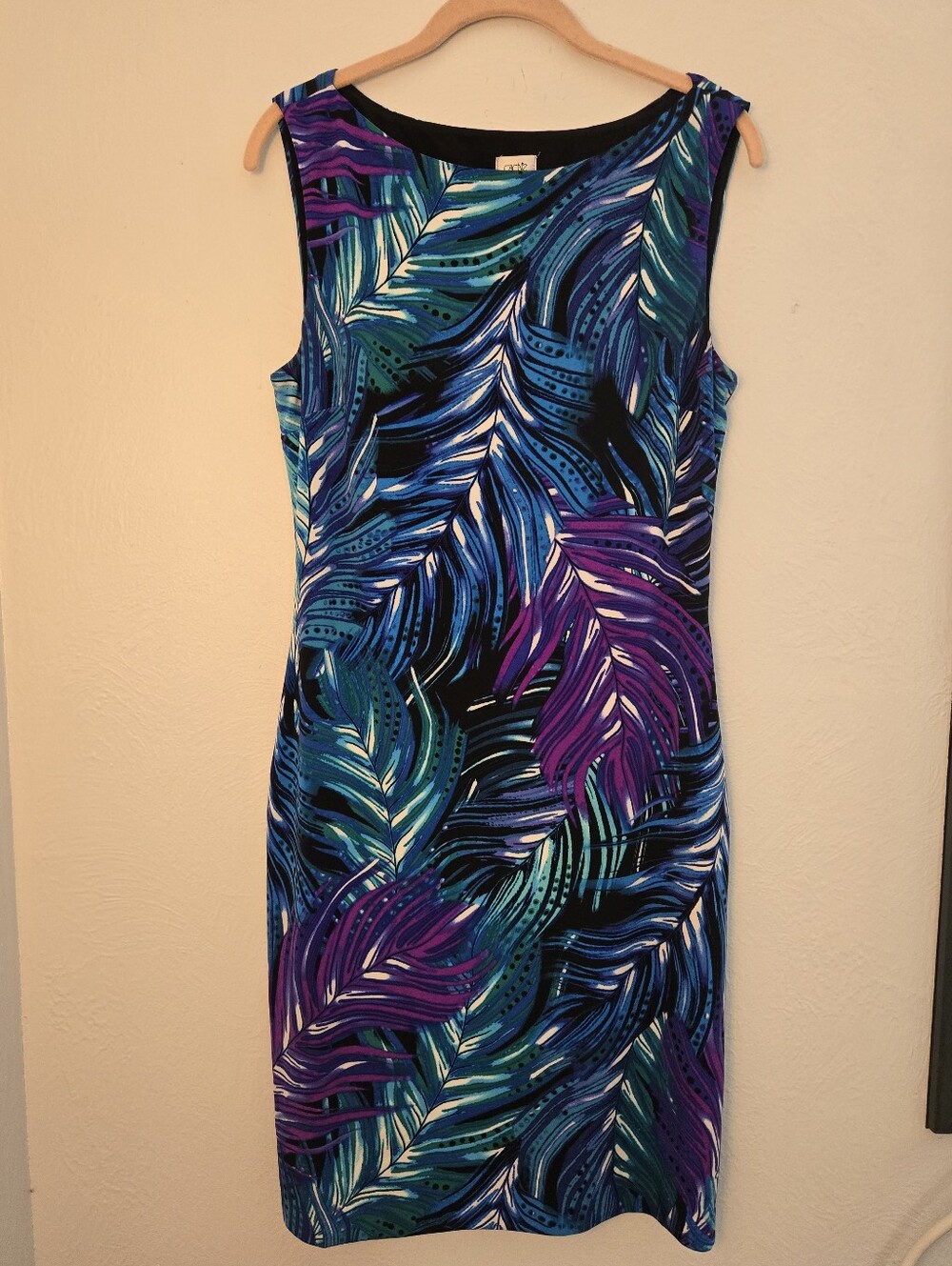 Vintage Sleeveless Blue & Purple Leaf-Print Lined Sheath Dress By Caché, Size L